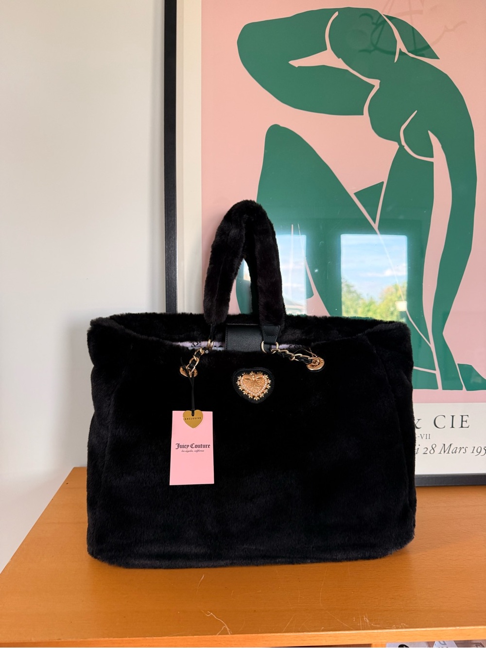 NWT: Juicy Couture Black Faux Fur Tote with Gold Heart Emblem